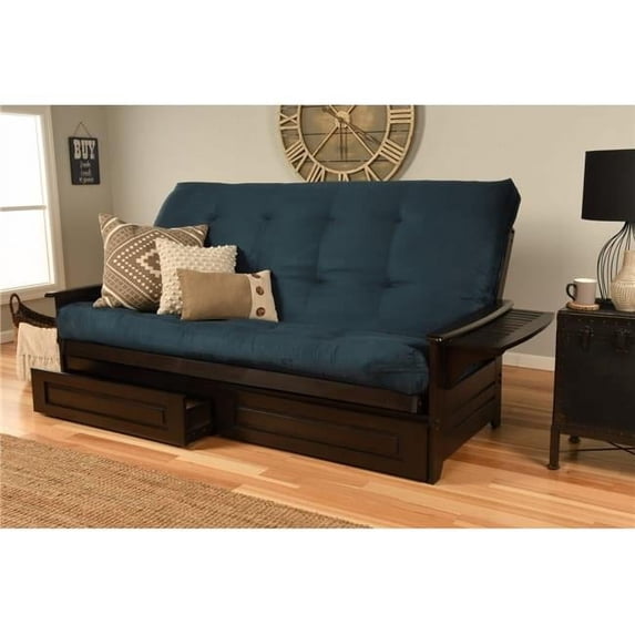 Phoenix Espresso Futon Frame with Suede Navy Mattress & Storage Drawers - Queen Size