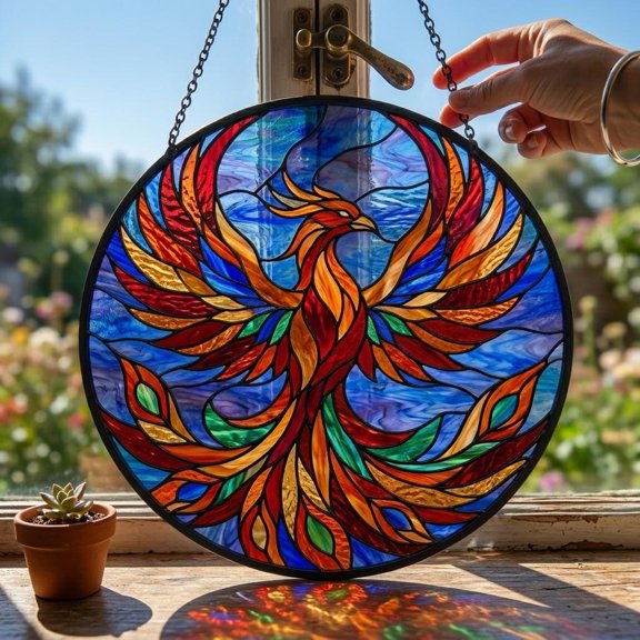 Phoenix Firebird Faux Stained Glass Acrylic Suncatcher, Window Hanging Decor, Fantasy Lover Gift