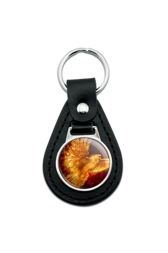 Phoenix Firebird Flaming Fire Bird Rising Fantasy Black Leather Keychain