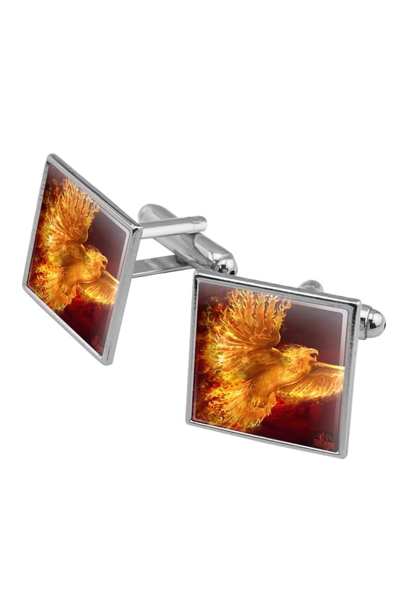 Phoenix Firebird Flaming Fire Bird Rising Fantasy Square Cufflink Set - Silver or Gold