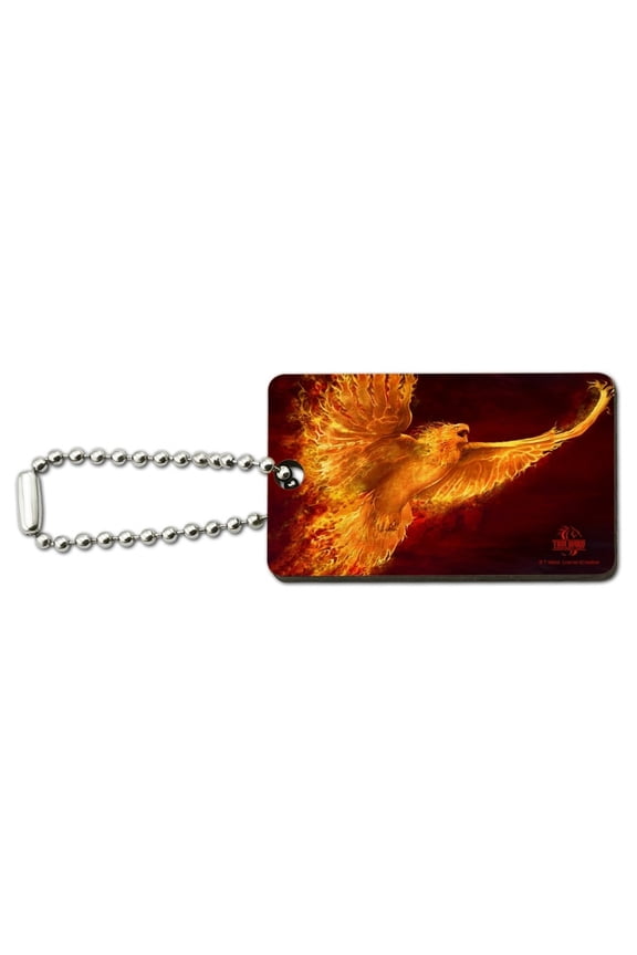 Phoenix Firebird Flaming Fire Bird Rising Fantasy Wood Wooden Rectangle Keychain Key Ring