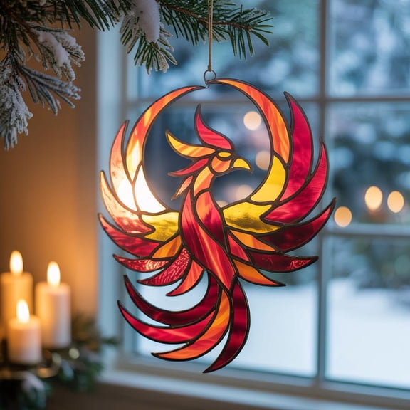 Phoenix Firebird Suncatcher, 2D Flat Acrylic, Red Vibrant Window Decor, Fantasy Mystical Hanging Ornament, Home Decor Gift