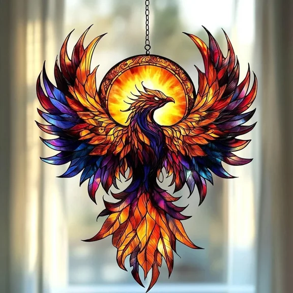 Phoenix Flame Acrylic Suncatcher Fiery Round Window Hanging Rebirth Symbol