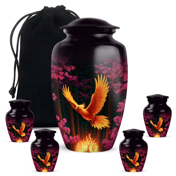 Phoenix Funeral Cremation Urns For Adult Ashes Women - Pink Flowers Urns For Human Ashes Adult Man - 1 Large & 4 Keepsake Memorial Urn For Mother - Black Urn For Mom & Dad - 10 & 3 Inch