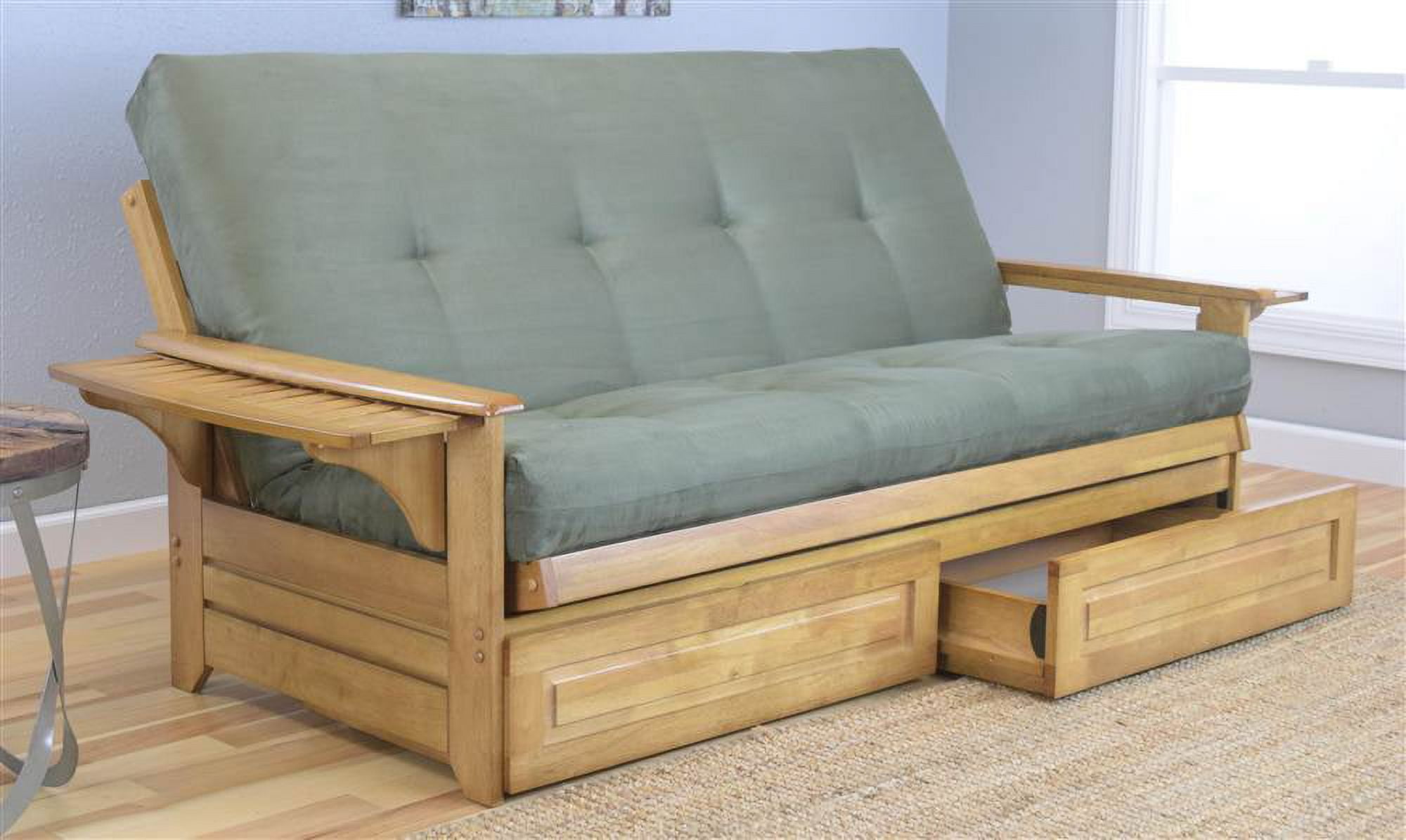 Phoenix Futon in Butternut Finish with Suede Olive Mattress