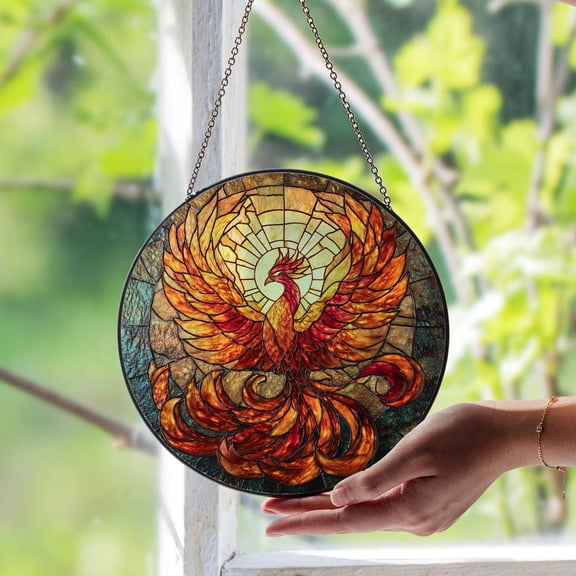 Phoenix Glass Suncatcher, Mythical Firebird Fantasy Art, Spiritual Gothic Decor, 3.5 in