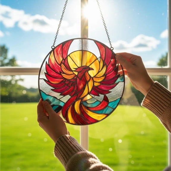 Phoenix Glass Suncatcher, Rising Firebird Window Art, Mythical Home Decor, Symbol of Rebirth, 3.5 in