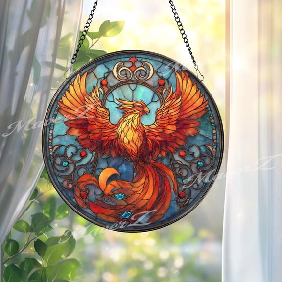 Phoenix Glass Suncatcher, Round Fiery Bird Window Panel, Mythical Firebird, 6.3 in