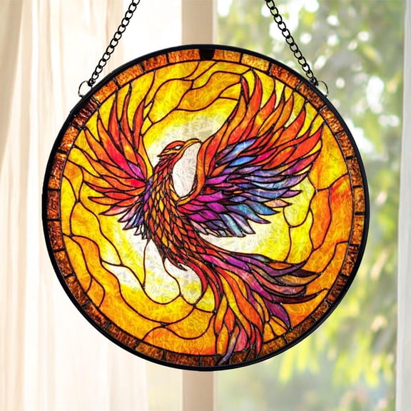 Phoenix Glass Suncatcher v5, Firebird Window Hanging Art, Mythical Bird Ornament, 6.3 in