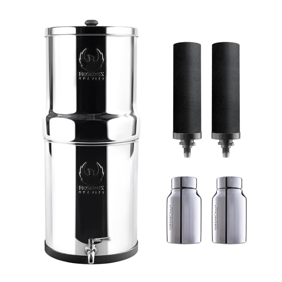 Phoenix Gravity 1.5 Gallons Gravity-Fed AISI 304 Stainless Steel Countertop Water Filter System with 2 Smart Carbon ( Black ) Filter & 2 POSTreat Steel Fluoride ,Stainless Steel Spigot
