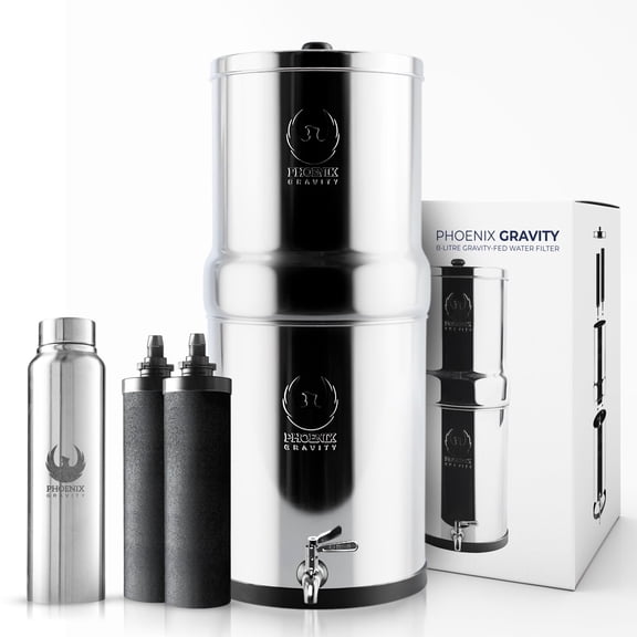 Phoenix Gravity-Countertop Stainless Steel Gravity-Fed Water Filter System with 2 Black Phoenix Carbon Filters – Pure Drinking Water for Camping, Travel, Off-Grid, Emergencies(2.25 Gallons)