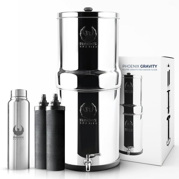 Phoenix Gravity-Countertop Stainless Steel Gravity-Fed Water Filter System with 2 Black Phoenix Carbon Filters – Pure Drinking Water for Camping, Travel, Off-Grid, Emergencies(2.25 Gallons)