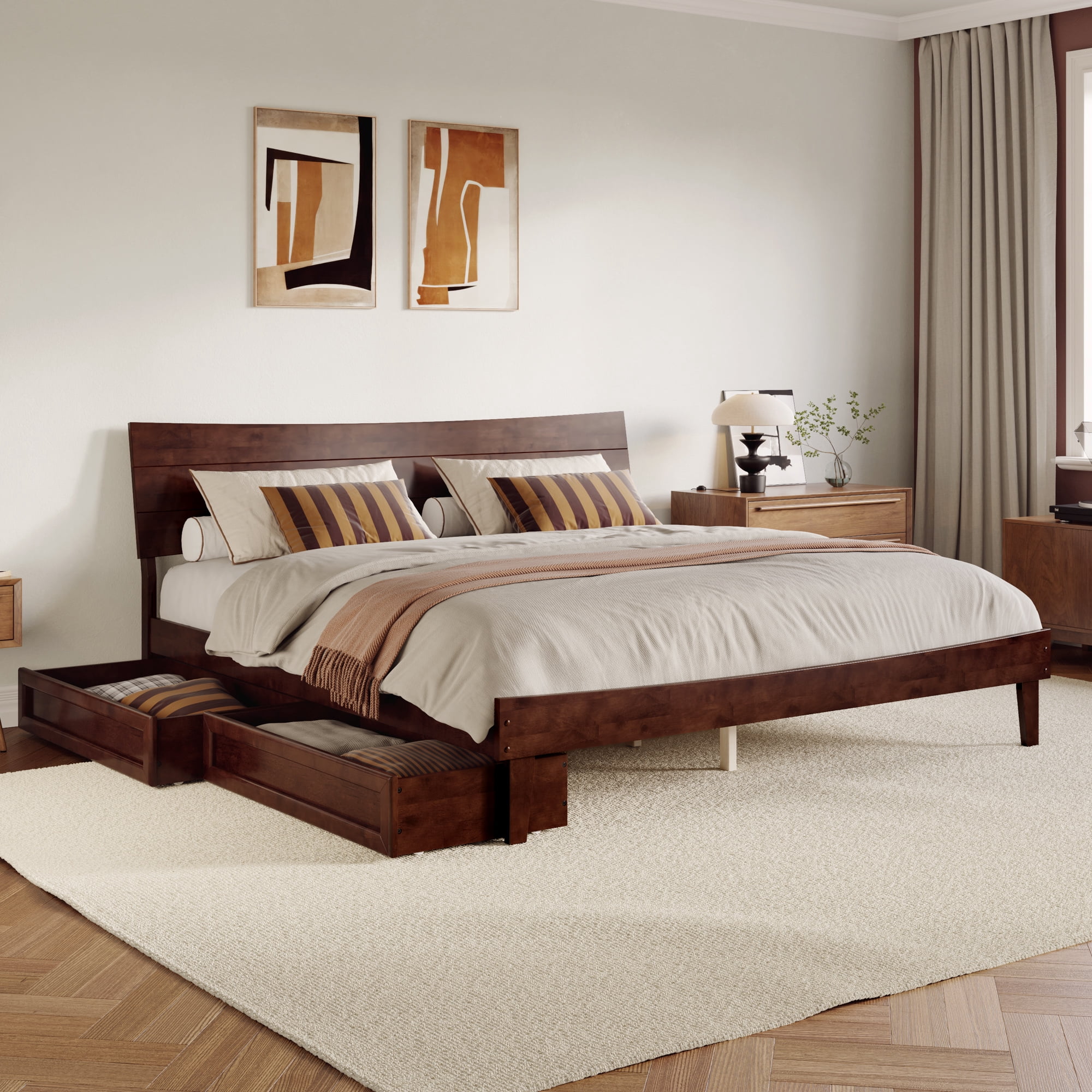 Phoenix King Size Solid Wood Platform Bed with Drawers in Walnut ...