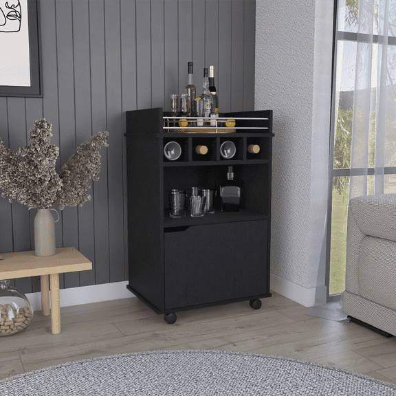 Phoenix Laminated Particle Board Bar Cart - 2 Open Shelves, 4 Cubbies & Cabinet for Compact Spaces