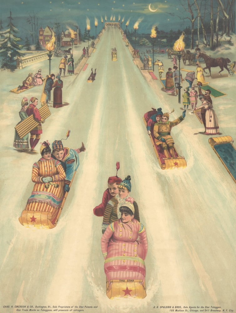 Phoenix Litho Co Children on toboggans at night c1887 Canvas Art - (24 x 36)