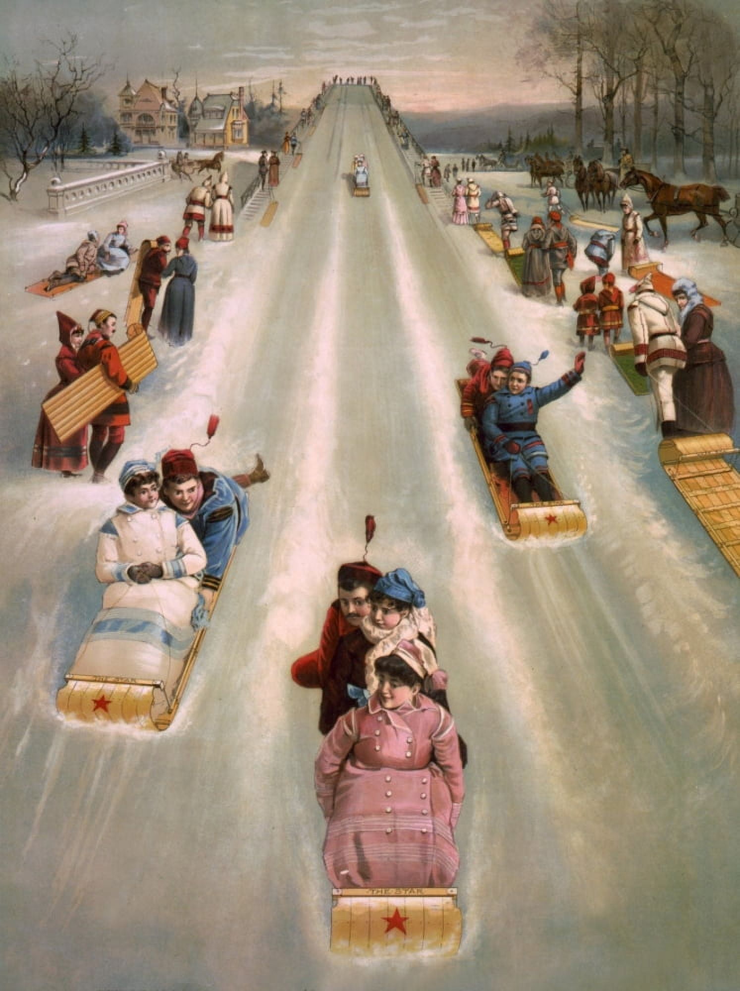 Phoenix Litho Co Children on toboggans c1886 Canvas Art - (18 x 24)