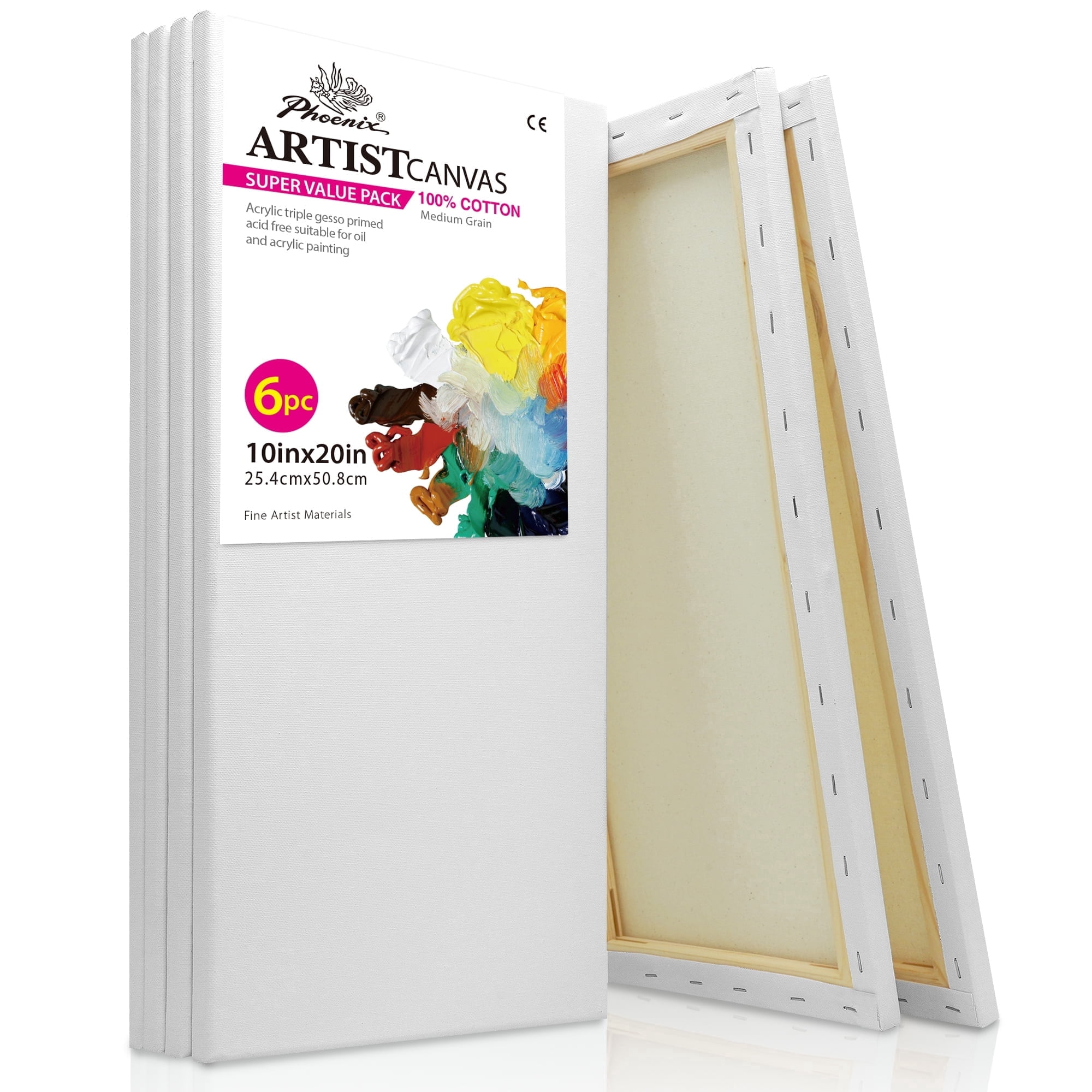 Phoenix Long Stretched Canvas 10x20 inch / 6 Pack 100% Cotton Painting Canvas for Acrylic & Oil Paints for Adults & Kids