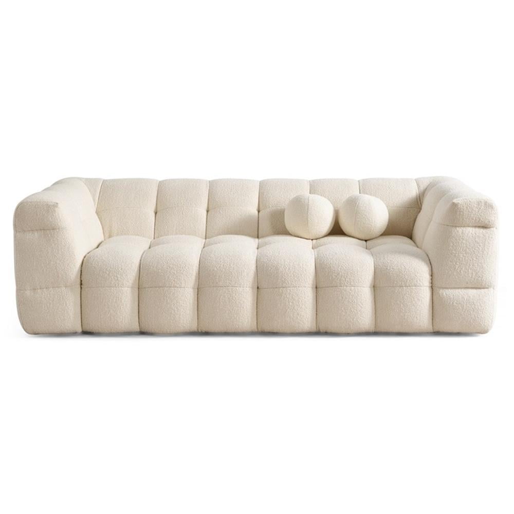 Ivory Boucle Puffy 3-Seater Mid Century Modern Sofa