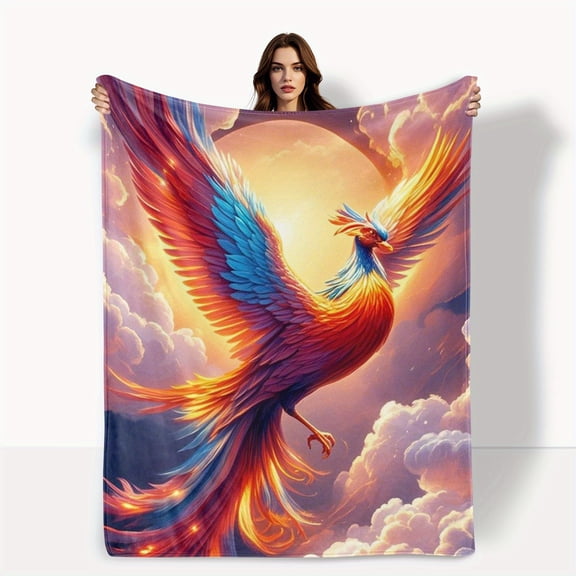 Phoenix Mythical Design With Blue Orange Hues And Cloudy Fantasy Blanket For A Dreamy And Enchanting Ambiance To Add Warmth And Wonder To Your Home 280gsm