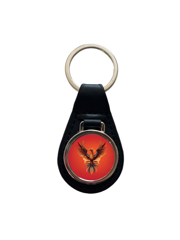 Phoenix Mythical Spiritual Bird Metal Black Leather Keychain