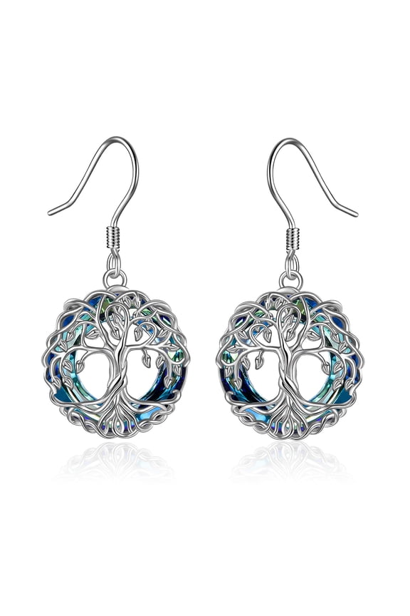 Blue Crystal Tree of Life Earrings for Women 925 Sterling Silver Celtic Knot Dangle Drop Earrings Spiritual Family Jewelry