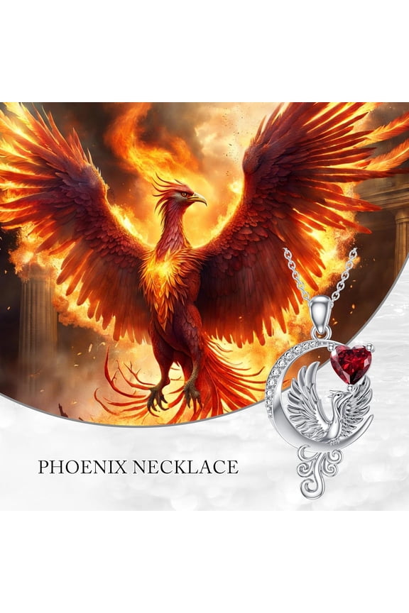 Phoenix Necklace for Women 925 Sterling Silver Moon Phoenix Pendant Necklace with Heart Garnet Birthstone Phoenix Jewelry Gifts for Women