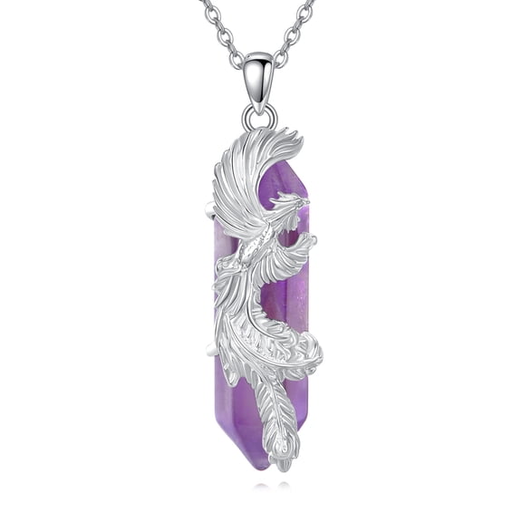 Phoenix Necklace for Women Men Sterling Silver with Amethyst Healing Crystal Phoenix Jewelry Protection Energy Amulet Jewelry Birthday Gifts
