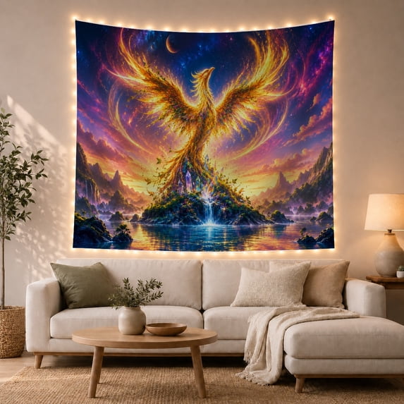 Phoenix Outstretched Flame With Like Wings Glowing Gold, Mystical Fantasy for Space Lovers, Galaxy Room Decor, Thanksgiving Hostess Gift, Tapestry Wall Hanging for Bedroom and Dorm