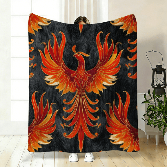 Phoenix Pattern Blanket Soft High-Definition Digital Print Black Base with Orange Red Flame Design Cooling Blanket All-Season Use Soft Breathable 100 Polyester Perfect Gift for Family and Friends
