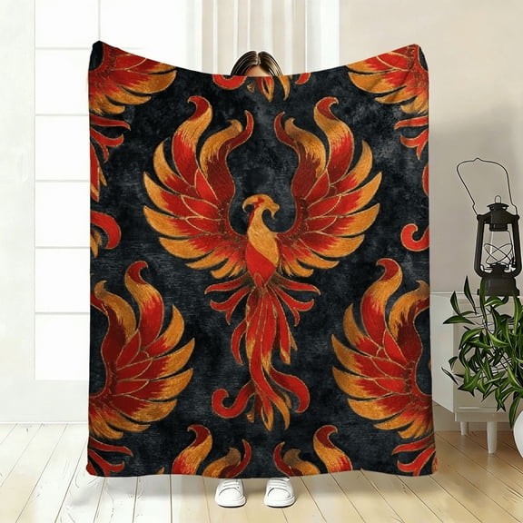 Phoenix Pattern Blanket Soft High-Definition Digital Print Black Base with Orange Red Flame Design Cooling Blanket All-Season Use Soft Breathable 100 Polyester Perfect Gift for Family and Friends