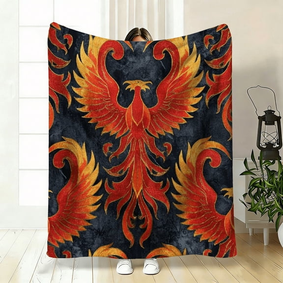 Phoenix Pattern Blanket Soft High-Definition Digital Print Black Base with Orange Red Flame Design Cooling Blanket All-Season Use Soft Breathable 100 Polyester Perfect Gift for Family and Friends