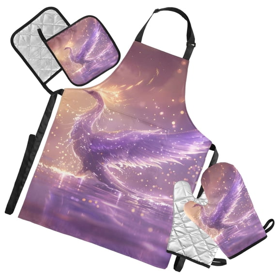 Phoenix Play Water 5 Pcs Kitchen Set Heat Resistant Oven Mitts and Non-Slip Pot Holders with Adjustable Cooking Apron
