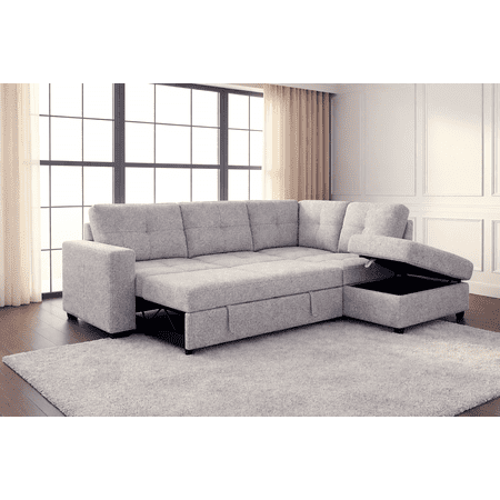 Phoenix Reversible Pull-Out Sleeper Sectional In Light-Grey Chenille