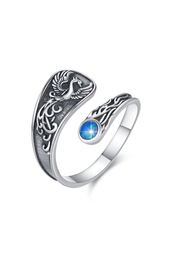 Phoenix Ring 925 Sterling Silver Nirvana Phoenix Spoon Ring with Opal Adjustable Firebird Animal Gothic Jewelry Gift for Women Size 8#