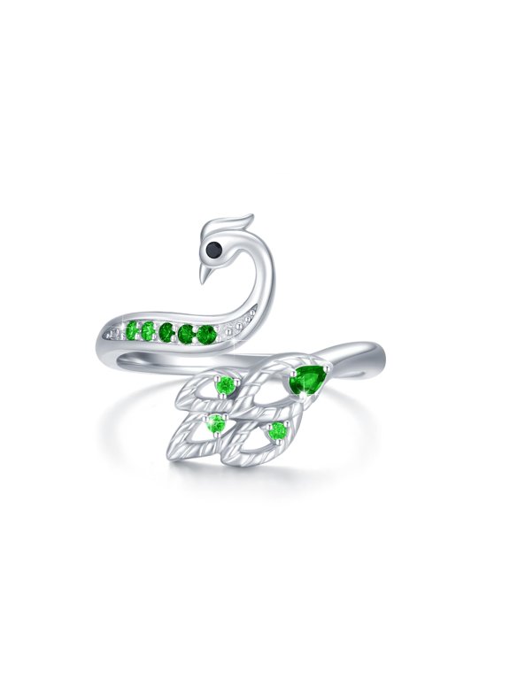 Phoenix Ring Sterling Silver Adjustable Peacock Phoenix Firebird Ring Peacock Jewelry Gifts for Women (Green)