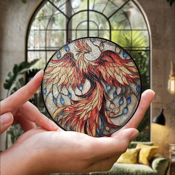 Phoenix Rising 2D Flat Stained Glass Window Hanging - Fiery Mythical Bird Sun Catcher - Vibrant Red & Blue Flame Decor for Home, Car, or Office - Unique Gift for Fantasy & Mythology Fans