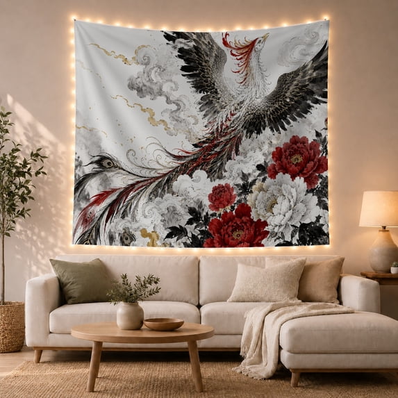 Phoenix Rising with Ink-Wash Clouds and Peonies, Majestic Japanese Inspired for Eastern Art Enthusiasts, Dramatic Wall Art Decor, Birthday Gift Tapestry Wall Hanging for Living Room and Bedroom