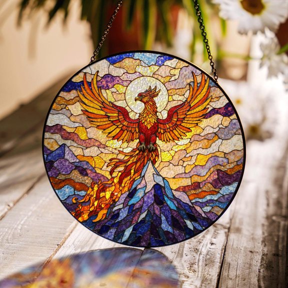 Phoenix Rising from Flames Glass Suncatcher, Window Decor, Housewarming, 3.5 in