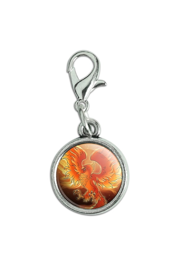 Phoenix Rising from the Flames Antiqued Bracelet Pendant Zipper Pull Charm with Lobster Clasp