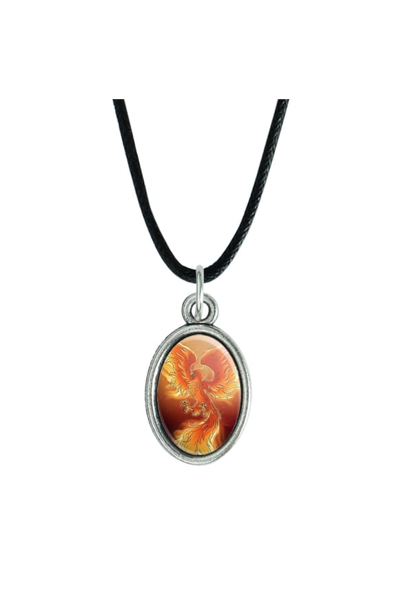 Phoenix Rising from the Flames Antiqued Oval Charm Pendant with Black Satin Cord