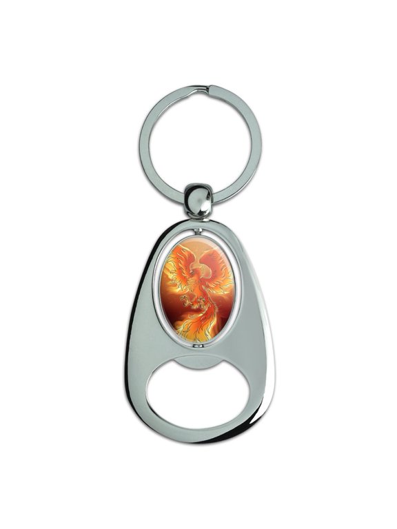 Phoenix Rising from the Flames Keychain Chrome Metal Spinning Oval Bottle Opener