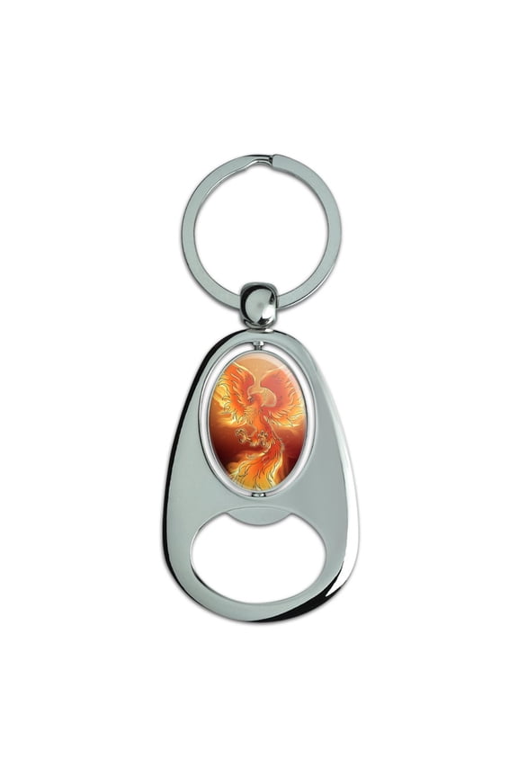Phoenix Rising from the Flames Keychain Chrome Metal Spinning Oval Bottle Opener