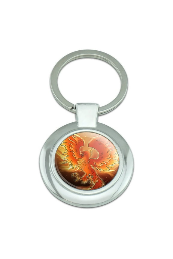 Phoenix Rising from the Flames Keychain Classy Round Chrome Plated Metal