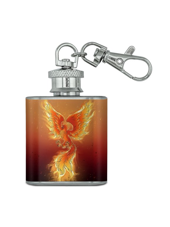 Phoenix Rising from the Flames Stainless Steel 1oz Mini Flask Key Chain