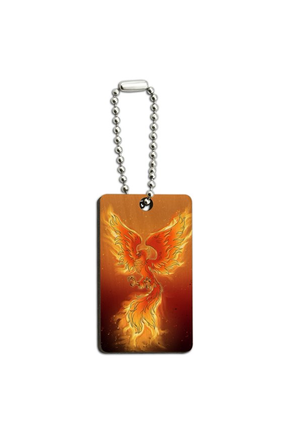 Phoenix Rising from the Flames Wood Wooden Rectangle Keychain Key Ring