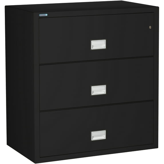 Phoenix Safe Lateral 38 inch 3-Drawer Fireproof File Cabinet with Key Lock, Water Seal, Black, LAT3W38B