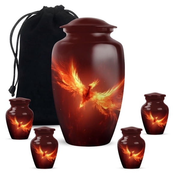 Phoenix Small Keepsake Urn, Mini Urns for Mom & Dad, Large Urn for Human Ashes, Funeral & Cremation Urns for Burial, Ash Container for Parents, 10 & 3 Inch (Set of 5) Brown