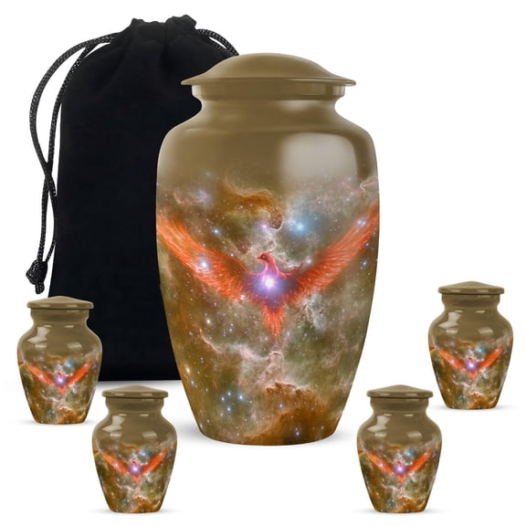 Phoenix Small Urn, Memorial Keepsake Urns for Mom & Dad, Mini Urn for Human Ashes, Funeral & Cremation Urns for Family, Ash Container for Parents, 10 & 3 Inch (Set of 5) Brown