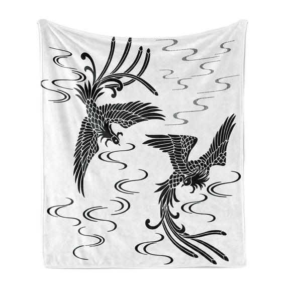 Phoenix Soft Flannel Fleece Throw Blanket, Egyptian Oriental Birds Traditional Culture Revival Motif, Cozy Plush for Indoor and Outdoor Use, 70" x 90", Black and White, by Ambesonne