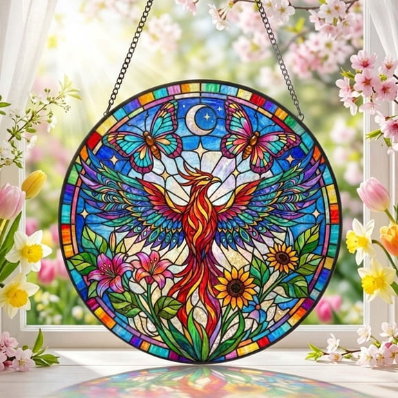 Phoenix Stained Glass Suncatcher: Phoenix Window Hanging Decor, Fiery Bird Lovers Gift